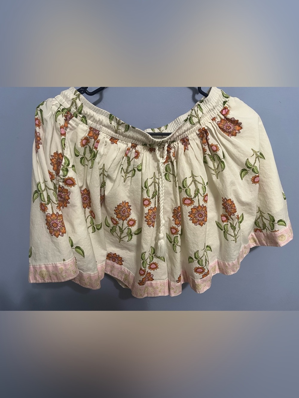 Old Navy Cream Floral Drawstring Skirt with Green Leaves and Orange Blooms